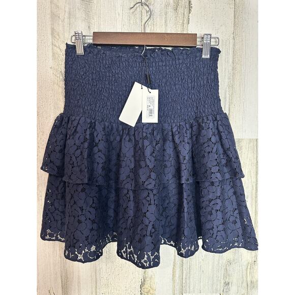 NEW MILLY Wyatt Cotton Lace Skirt 8 Navy Tiered Floral Smocked Waist Angst $325 - Picture 2 of 14